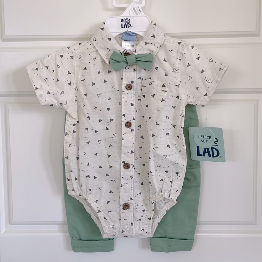 Little Lad Triangle Ivory and Gray Shirt Green Pants Set 3/6 mos. NWT